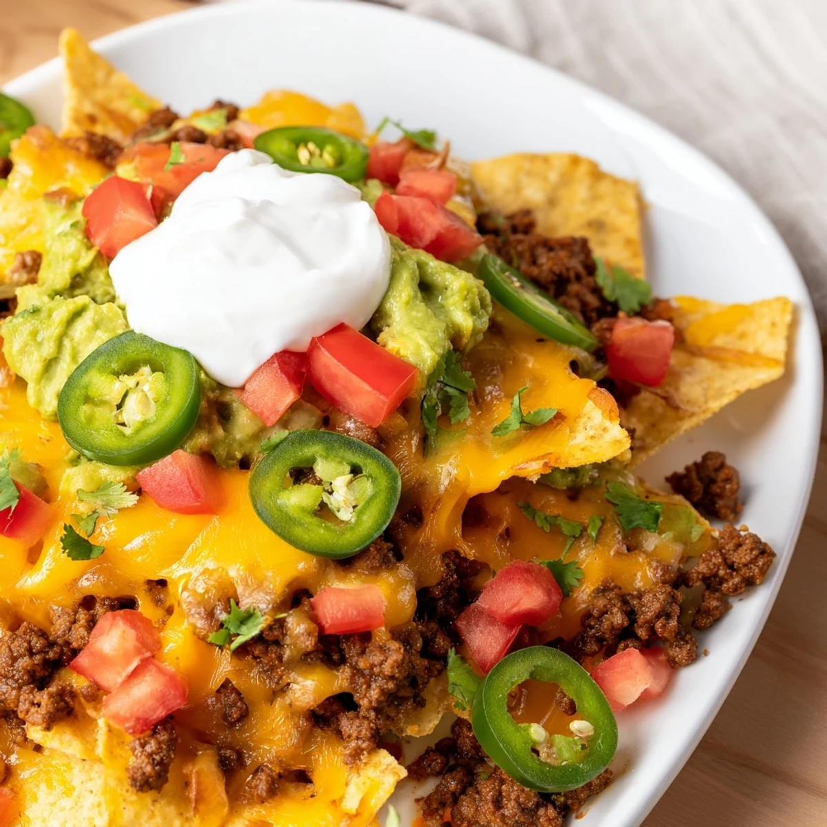 Loaded Texas nachos featuring crispy chips spiced beef and colorful fresh toppings