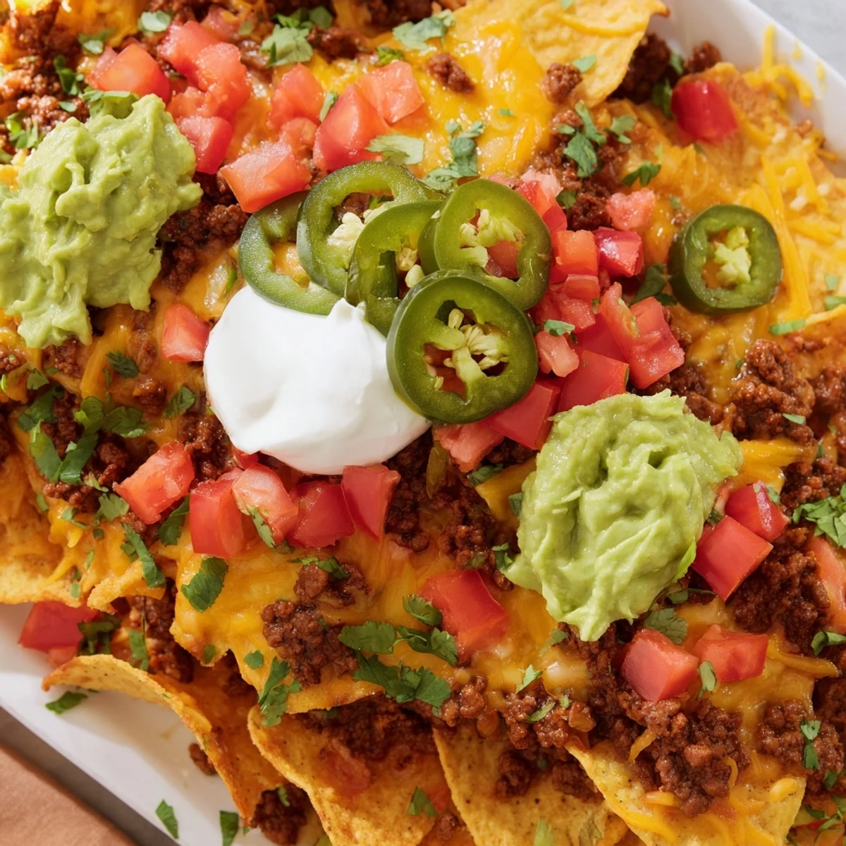 Baked Texas nachos layered with cheese beef jalapeenos sour cream and guacamole