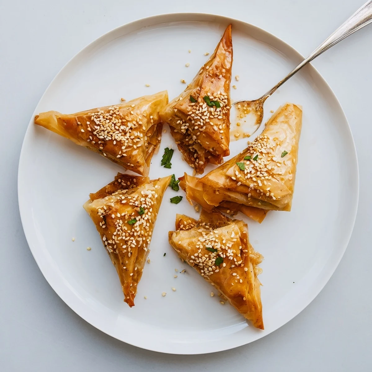 Triangular phyllo pastry parcels filled with aromatic spiced chicken and herbs baked to golden perfection