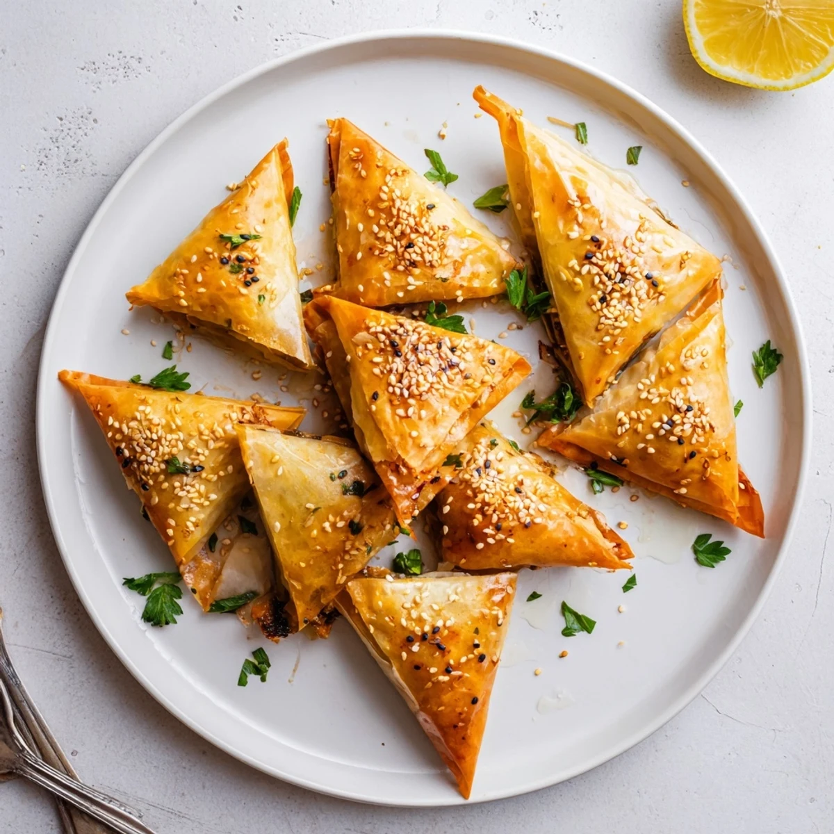 Moroccan chicken briouats with crispy phyllo dough and fragrant spice filling garnished with sesame seeds