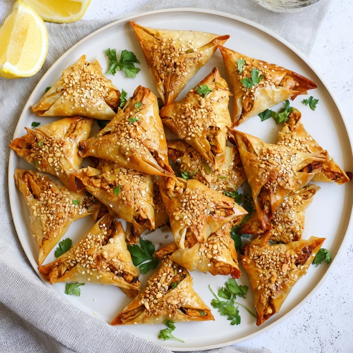 Golden crispy Moroccan spiced chicken briouats arranged on a serving platter ready for appetizer serving