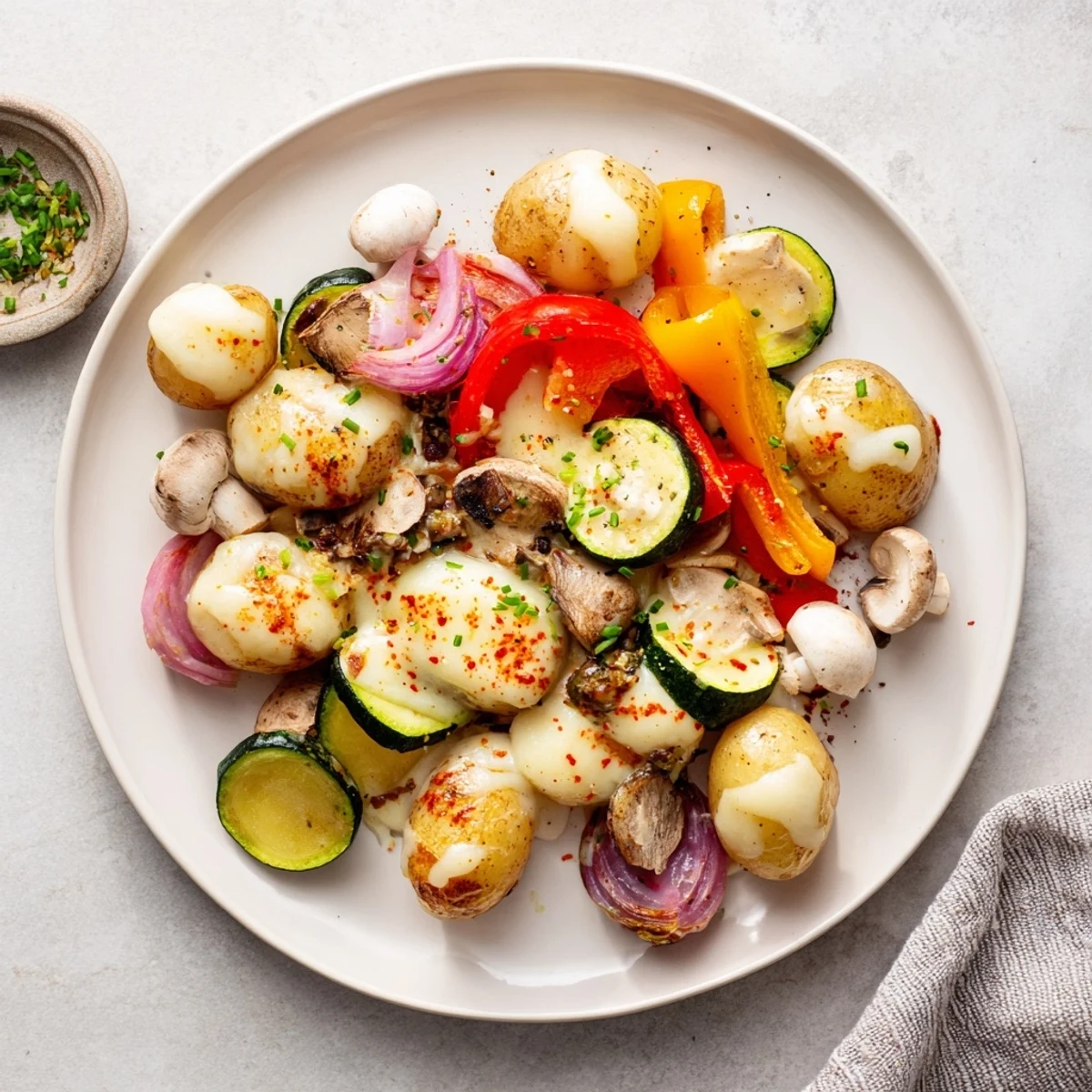 Golden melted raclette cheese bubbling over tender boiled potatoes with colorful bell peppers and pickles on a wooden platter