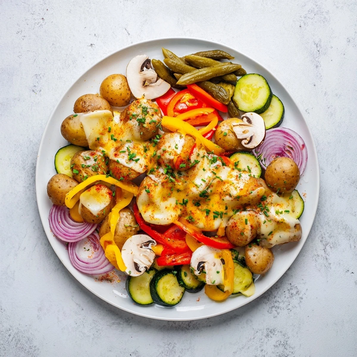 Creamy raclette cheese melted over sliced zucchini and mushrooms served alongside small potatoes and cornichons for a cozy Swiss meal