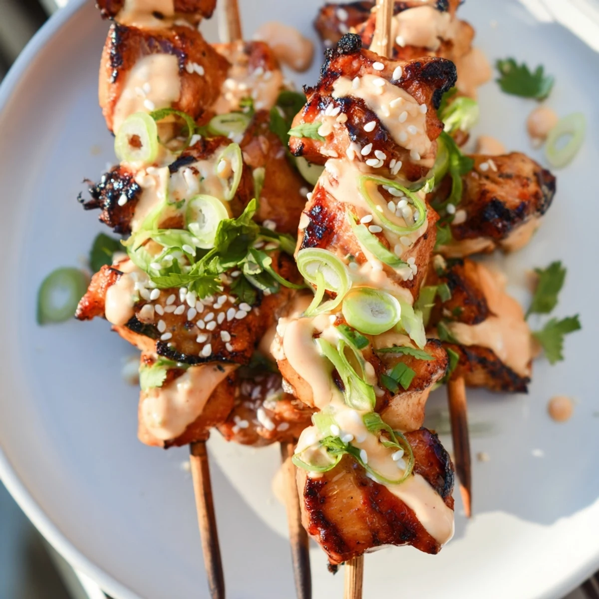 Golden Bang Bang Chicken Skewers grilled to perfection and coated in spicy creamy sauce