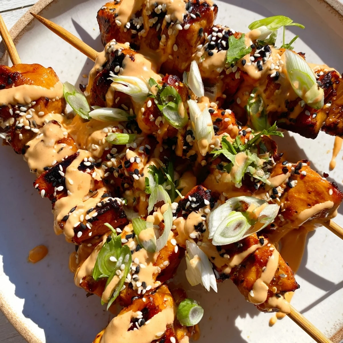 Tender grilled Bang Bang Chicken Skewers garnished with scallions and fresh cilantro
