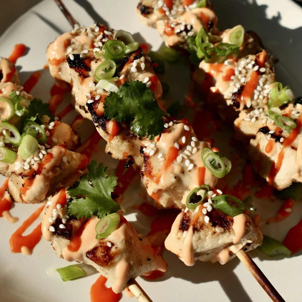 Juicy chicken skewers drizzled with Bang Bang sauce and sprinkled with sesame seeds