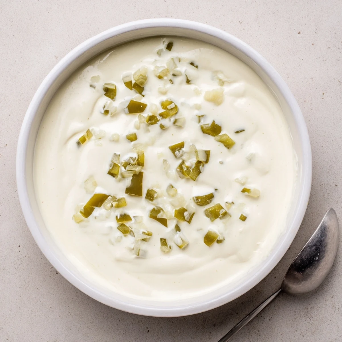 Smooth white queso dip topped with jalapeños and green chilies, perfect for dipping