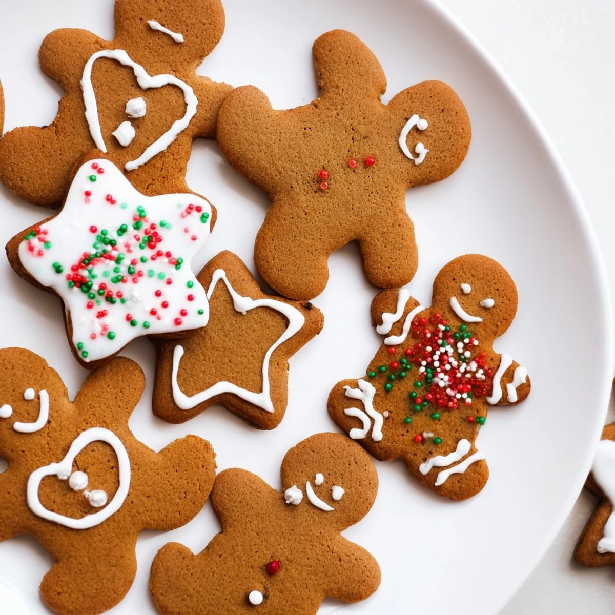 Festive classic cut out gingerbread cookies decorated with white royal icing and colorful sprinkles on a white serving plate
