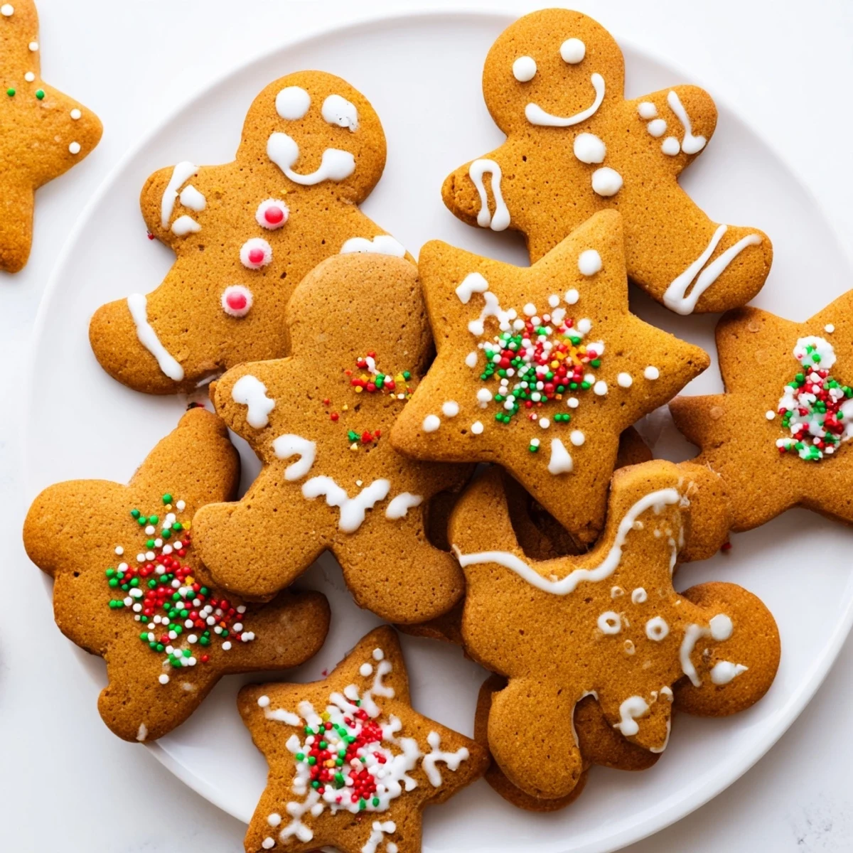 Golden brown classic cut out gingerbread cookies in star and gingerbread man shapes arranged on a wooden cutting board