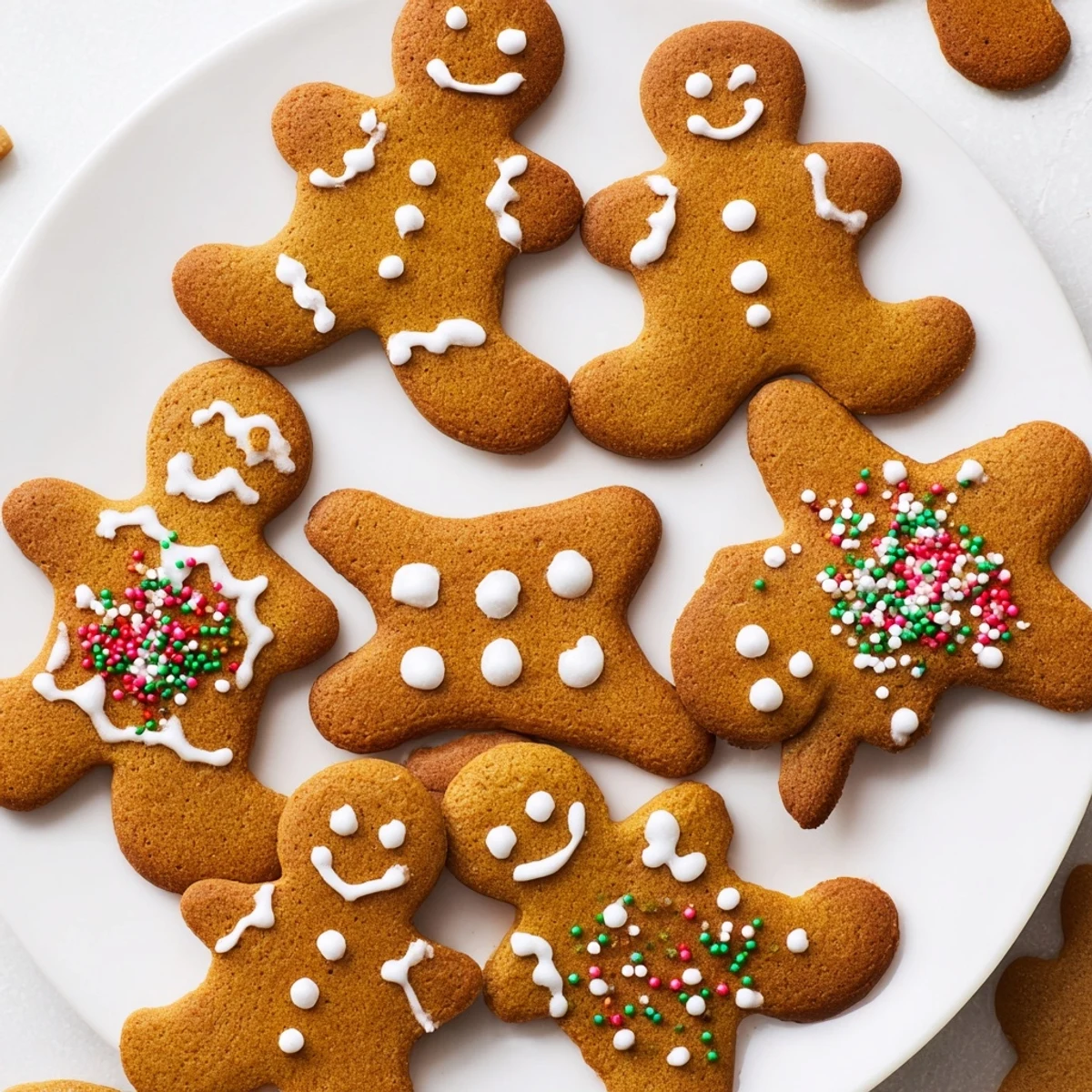 Batch of freshly baked classic cut out gingerbread cookies cooling on a wire rack with holiday decorations in the background