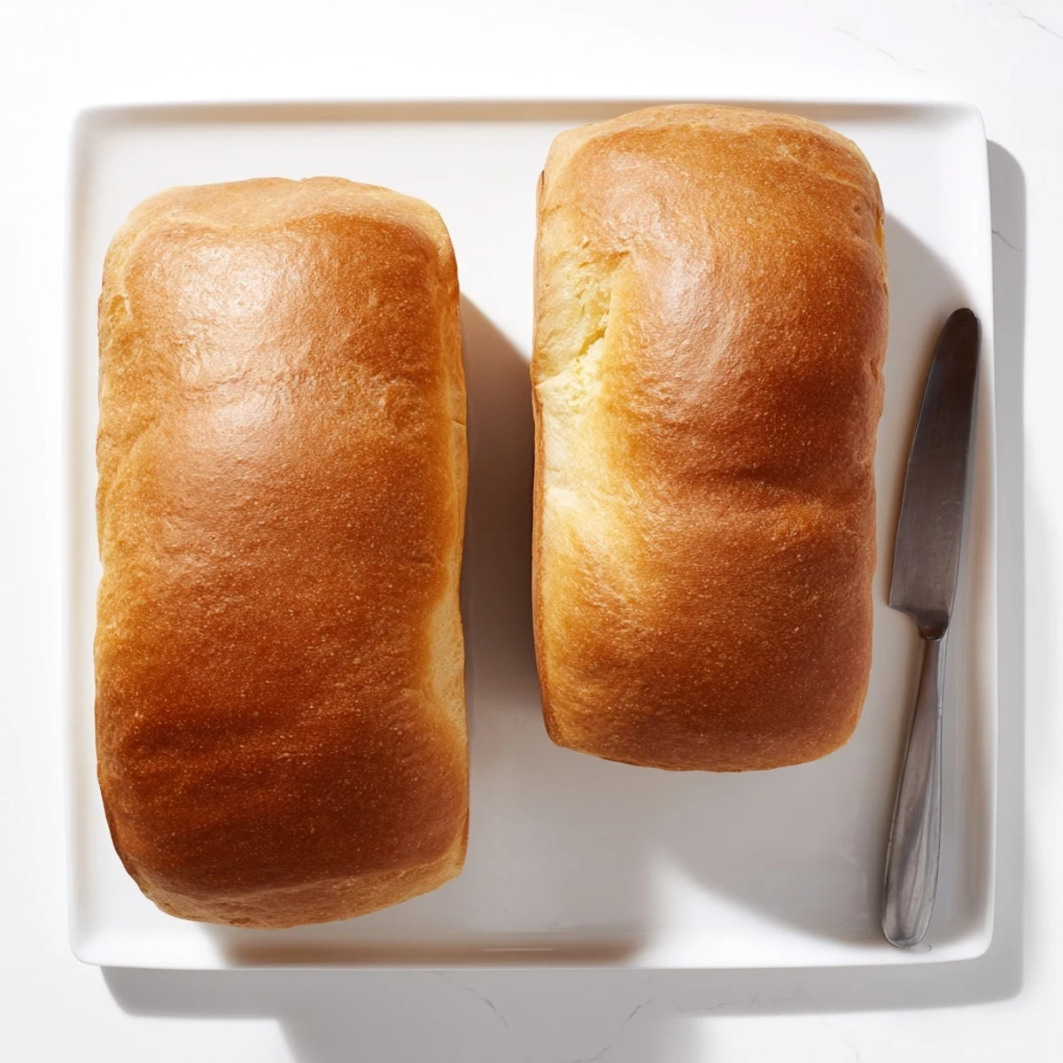 Two freshly baked loaves of Amish white bread cooling on a wire rack with golden brown crusts