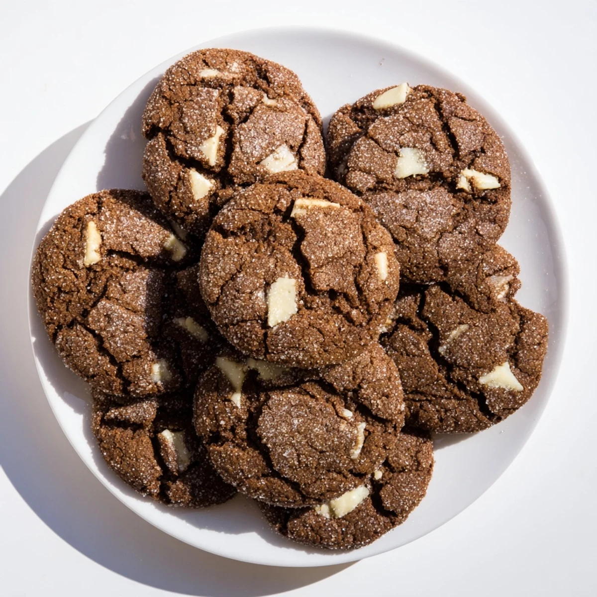 Golden brown gingerbread white chocolate cookies with gooey melted chunks on a cooling rack