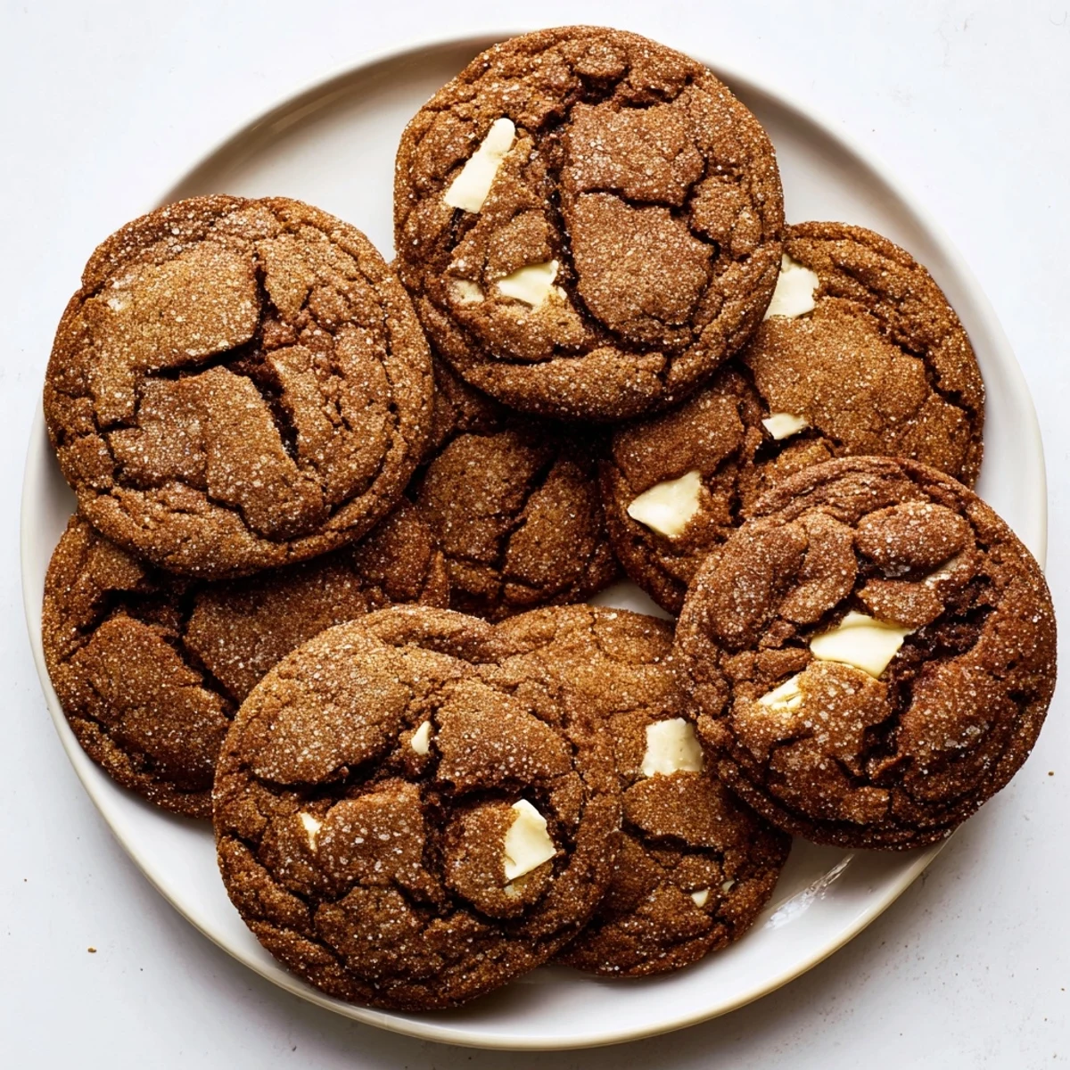 Freshly baked gingerbread white chocolate cookies with crisp edges and soft centers on parchment paper