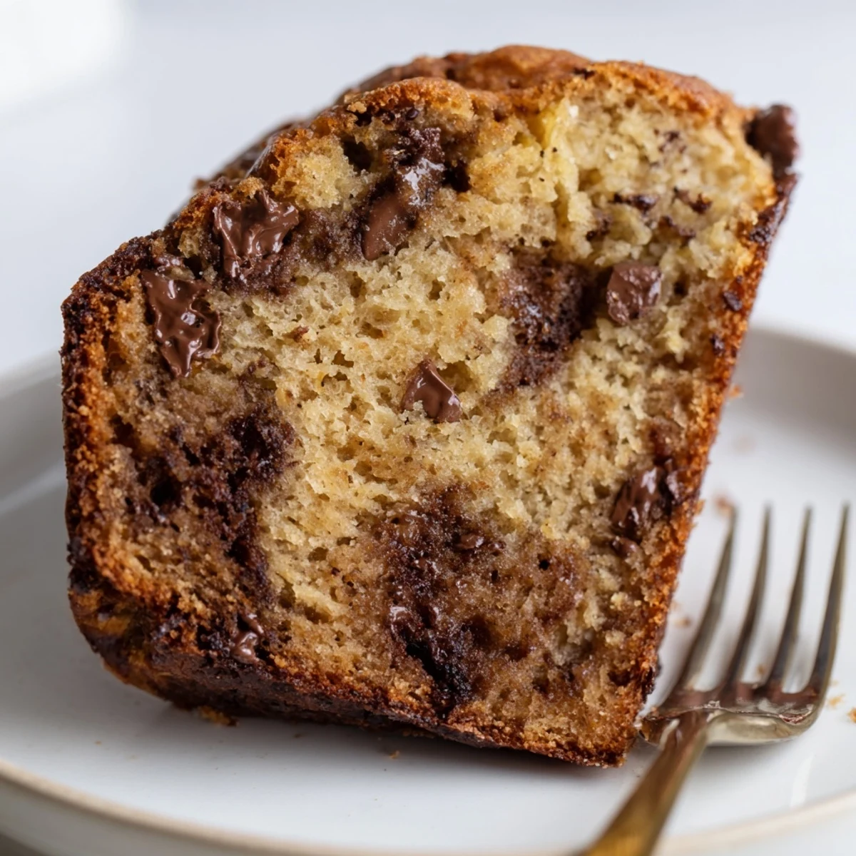Golden chocolate chip banana bread loaf with melted chocolate chips on top, freshly baked and sliced on a wooden board