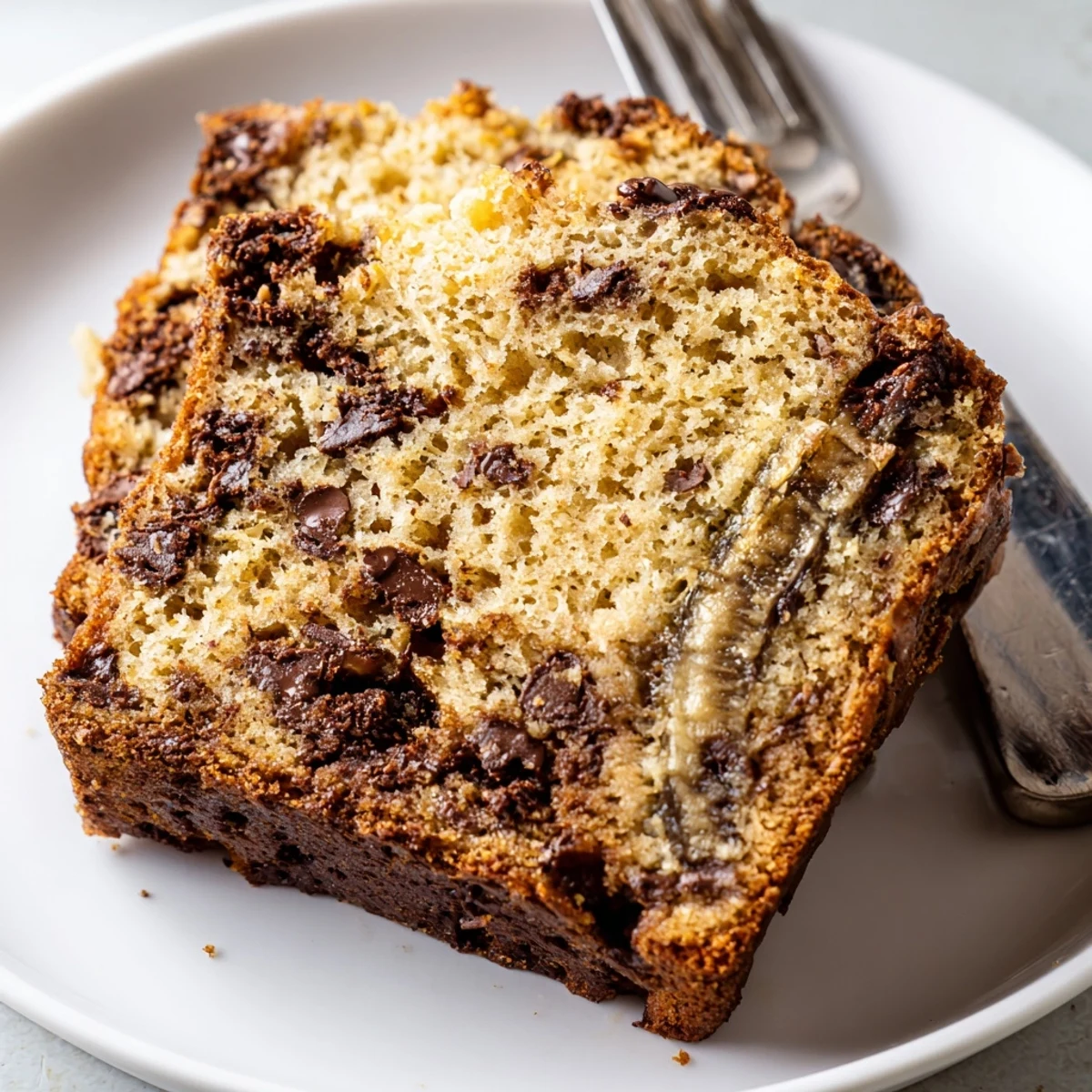 Moist homemade chocolate chip banana bread with a tender crumb, studded with semi-sweet chocolate chunks throughout