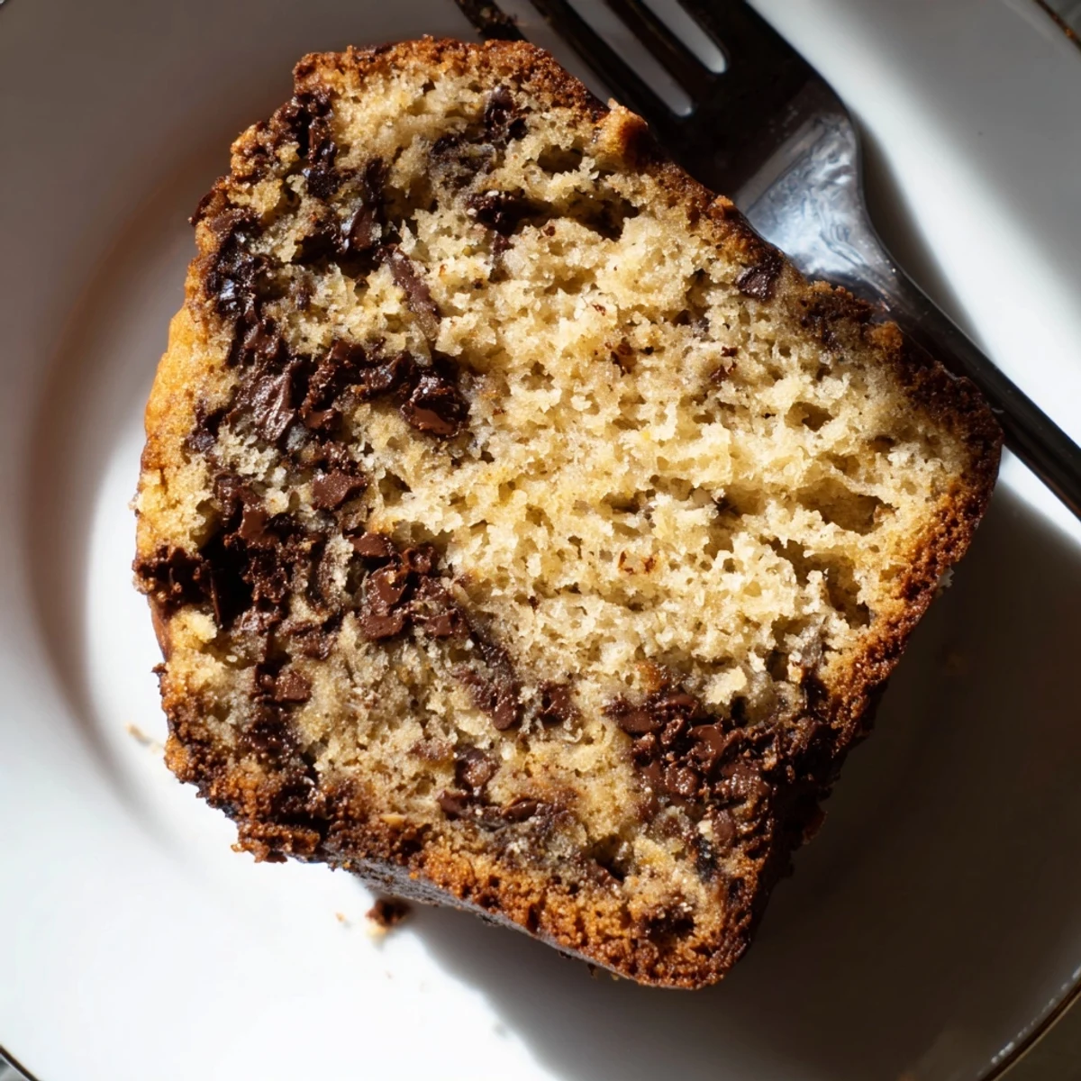 Warm slice of chocolate chip banana bread served on a plate, revealing the rich chocolate chip-studded interior