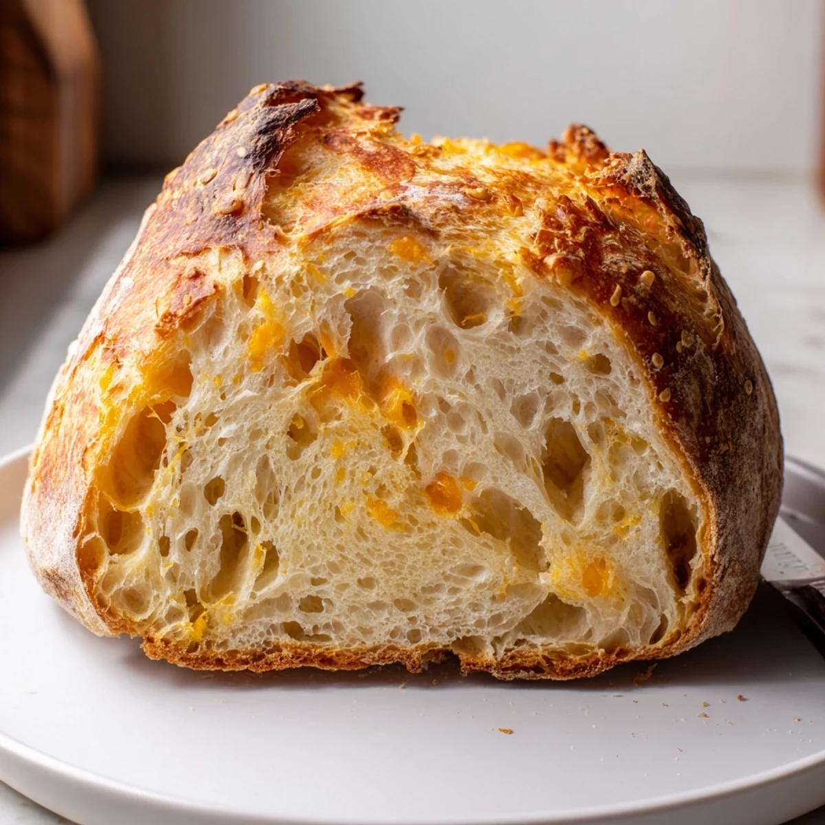 Golden no knead cheddar bread with a crispy crust and melted cheese visible throughout