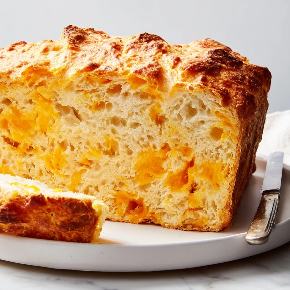 Rustic homemade no knead cheddar bread loaf sliced to reveal tender cheesy interior