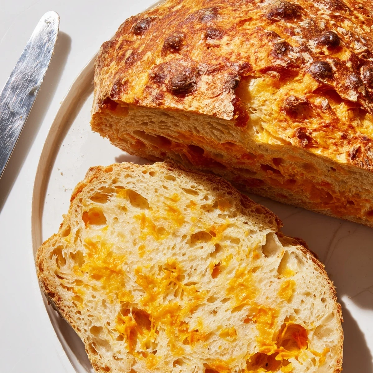 Freshly baked no knead cheddar bread cooling on a wire rack with deep golden crust