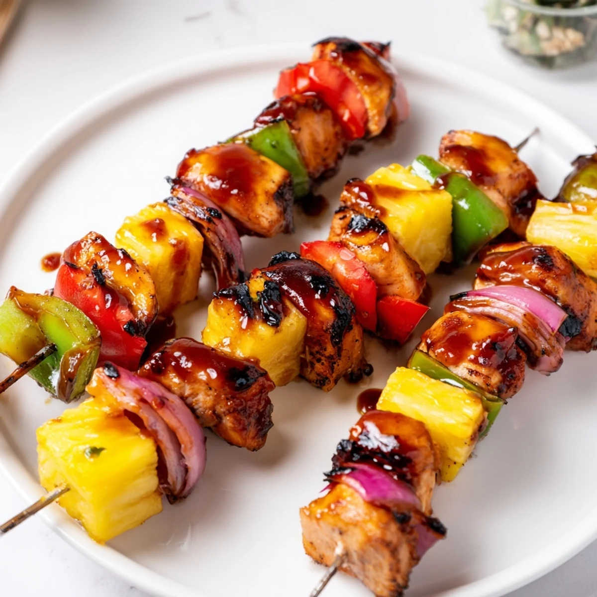 Bbq Pineapple Chicken Kabobs sizzling with charred pineapple, glossy glaze, served hot