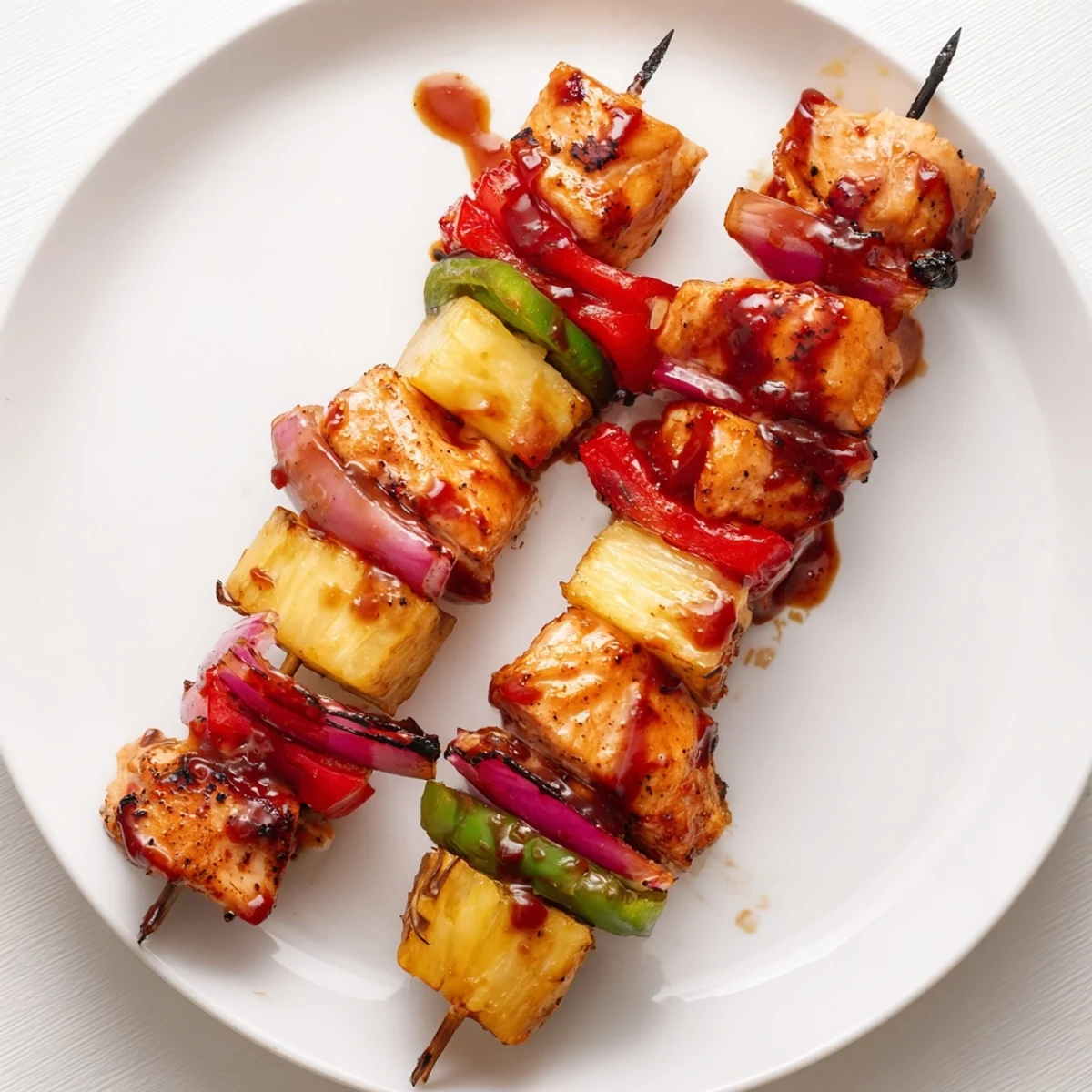 Grilled Bbq Pineapple Chicken Kabobs skewered with bell peppers, juicy pineapple, tangy sauce