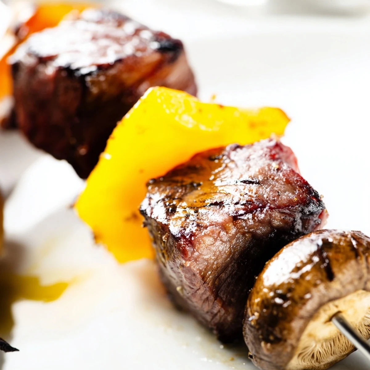 Tender steak cubes on wooden skewers grilled to perfection with charred bell peppers