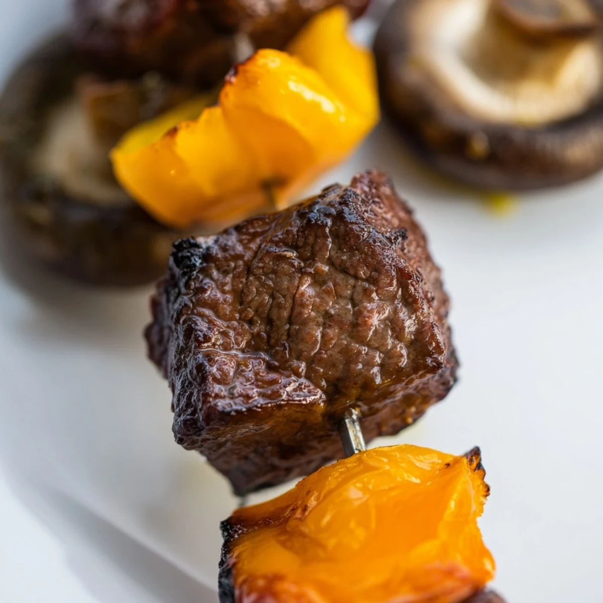 Savory marinated steak skewers threaded with mushrooms and vegetables for summer barbecues
