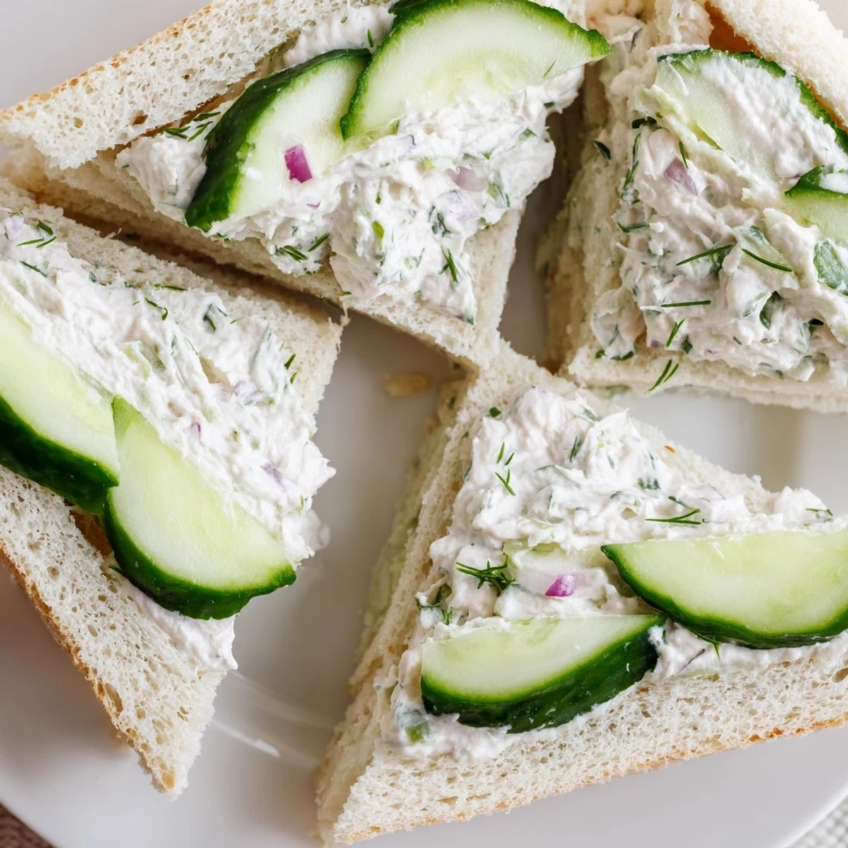 Light lunch cucumber salad sandwiches featuring crisp sliced cucumbers on crustless bread quarters