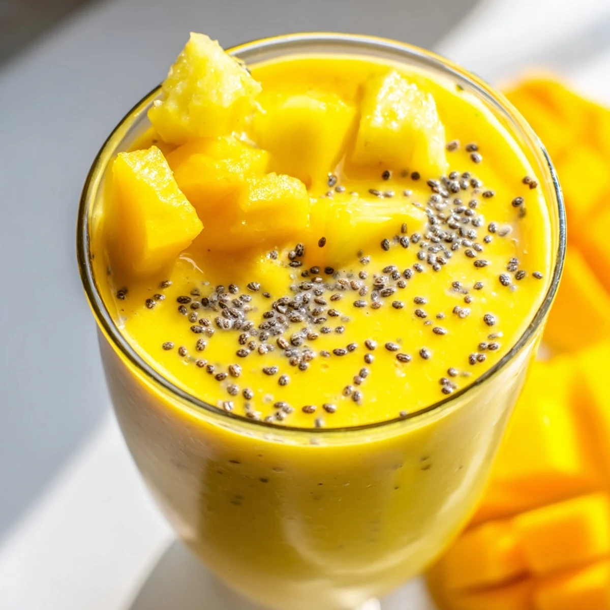 Golden tropical pineapple mango smoothie recipe poured into a glass with fresh fruit garnish