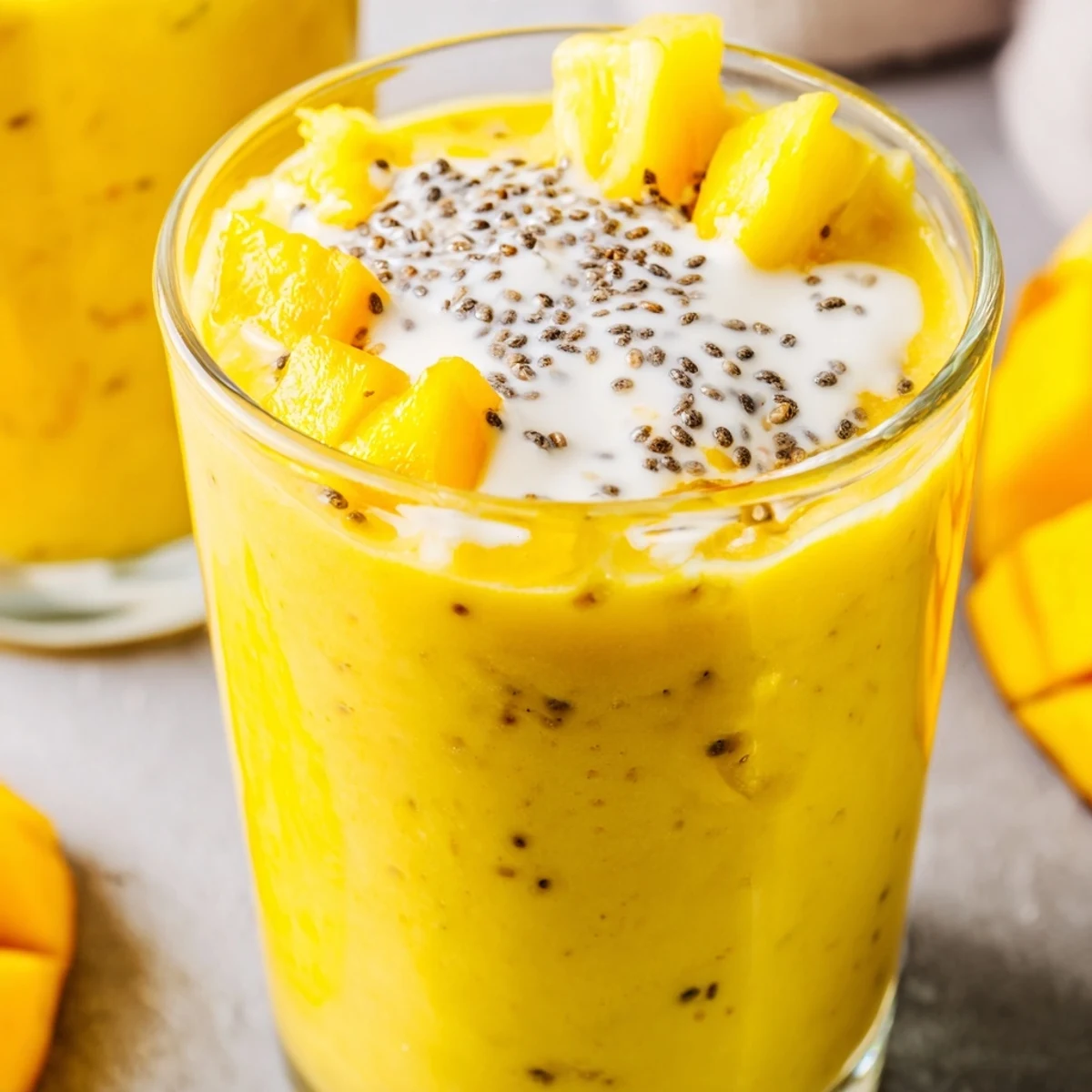 Creamy pineapple mango smoothie recipe blended with bright yellow mango and coconut water