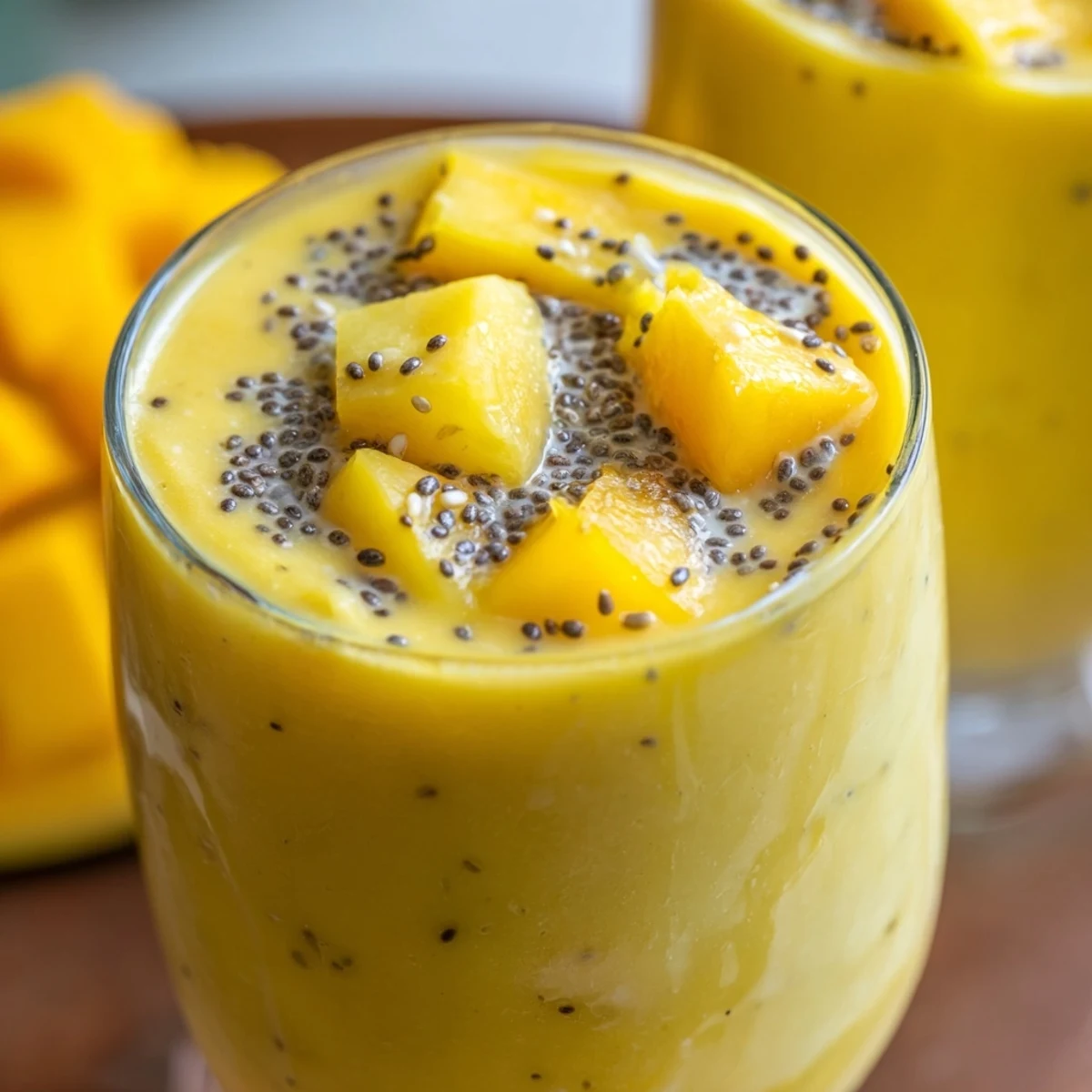 Vibrant tropical pineapple mango smoothie recipe in a tall glass with pineapple wedge topping