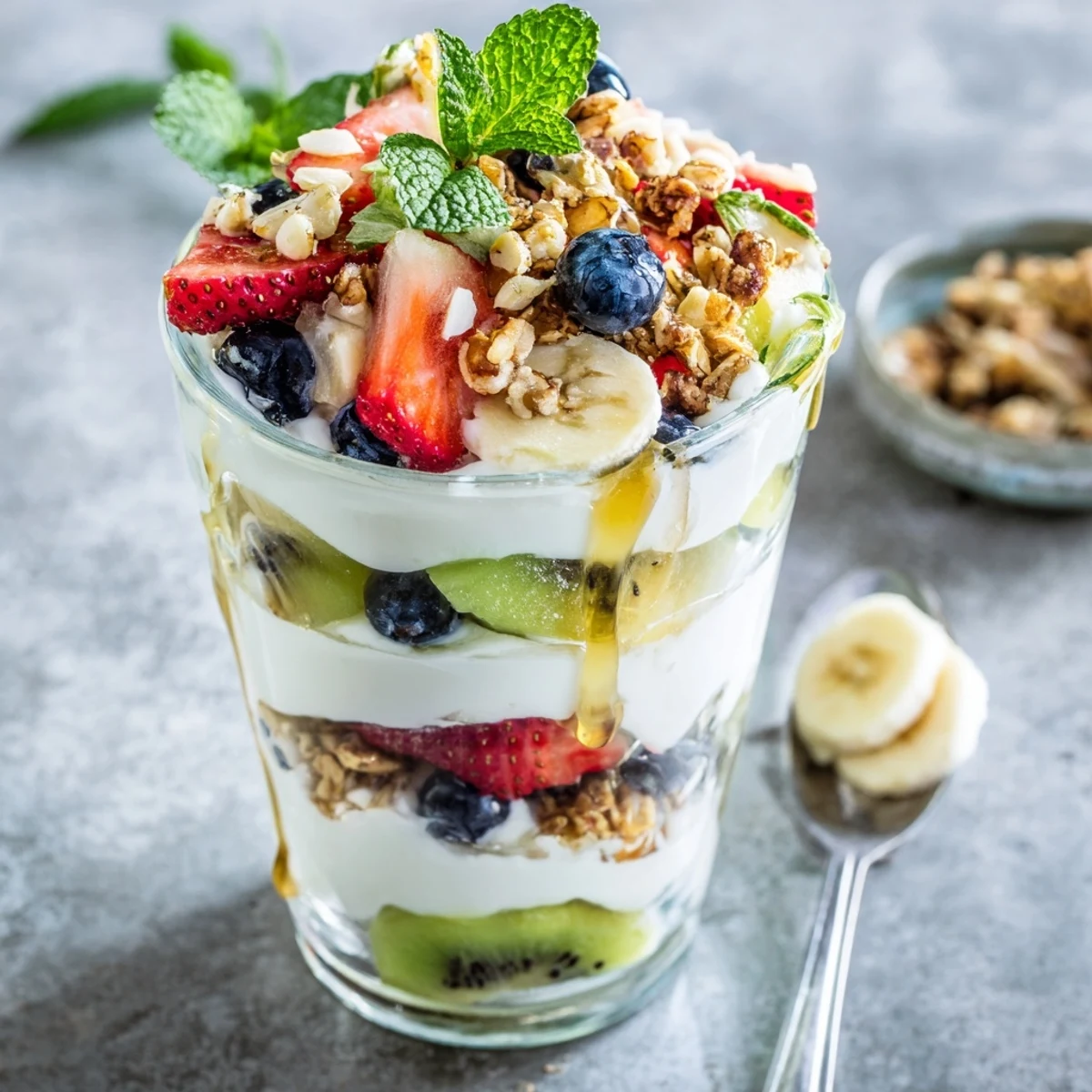 Glass bowl showcasing layered yogurt parfait recipe with honey, strawberries, blueberries, kiwi, banana slices, and mint garnish