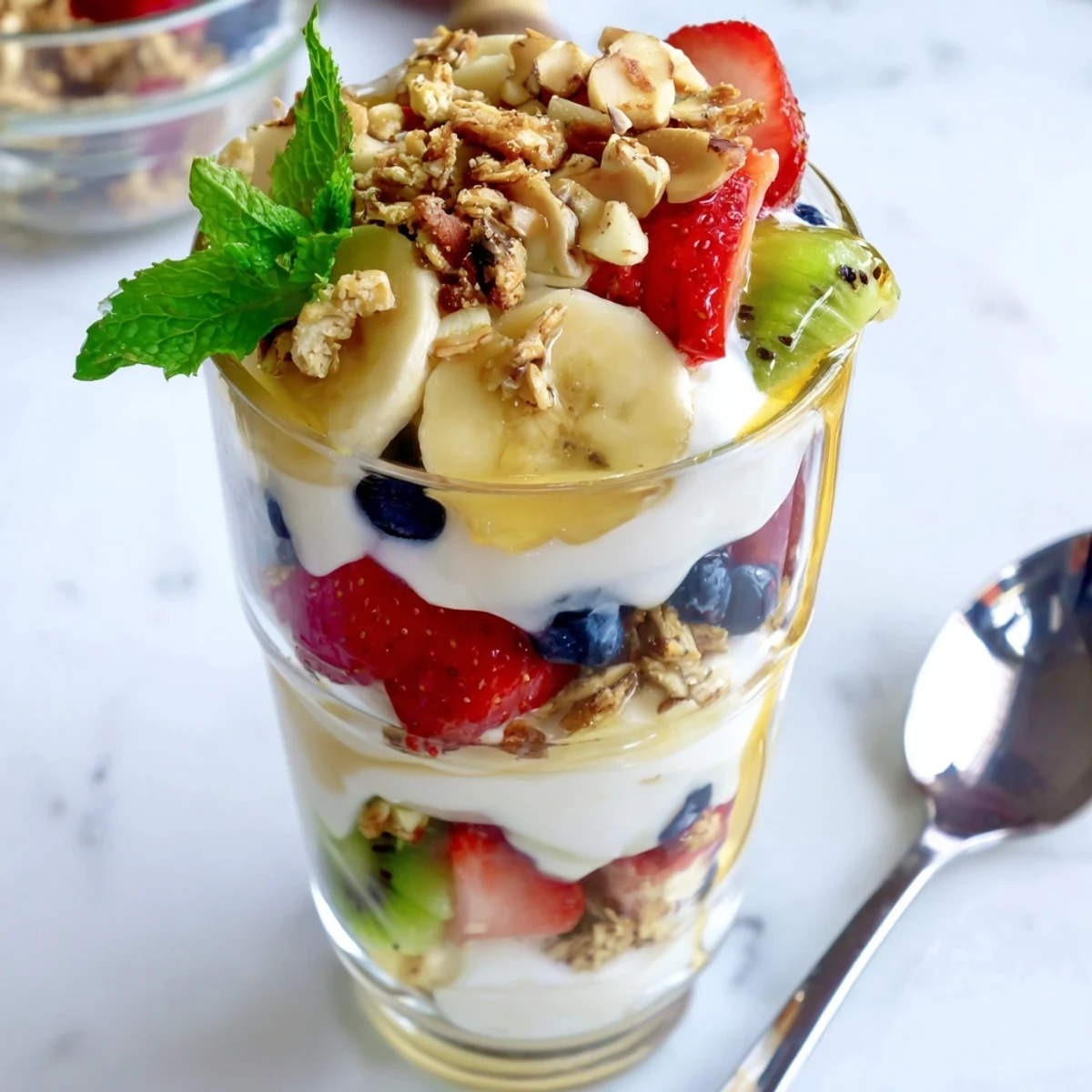 Elevated view of yogurt parfait recipe featuring honey-drizzled layered dessert with strawberries, blueberries, kiwi, banana, and crunchy granola topping