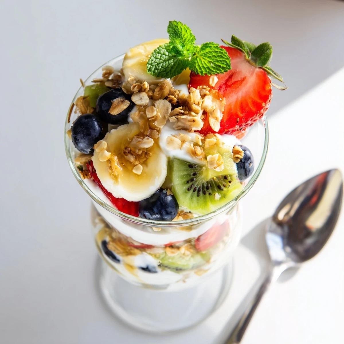 Clear parfait glass displaying alternating layers of creamy Greek yogurt, golden honey drizzle, and colorful mixed fresh fruit toppings