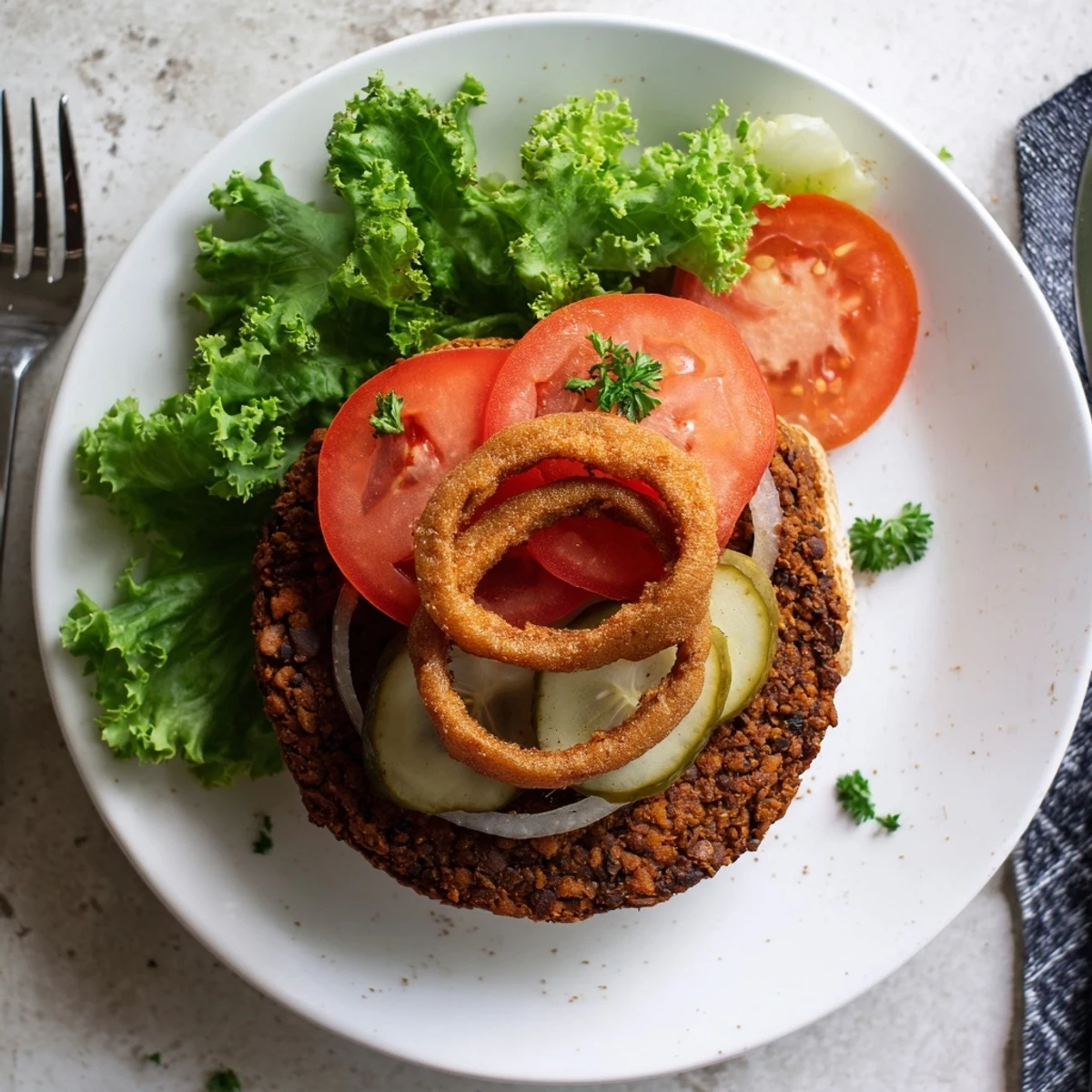 Golden veggie burgers recipe stacked on toasted buns with fresh lettuce and tomato slices