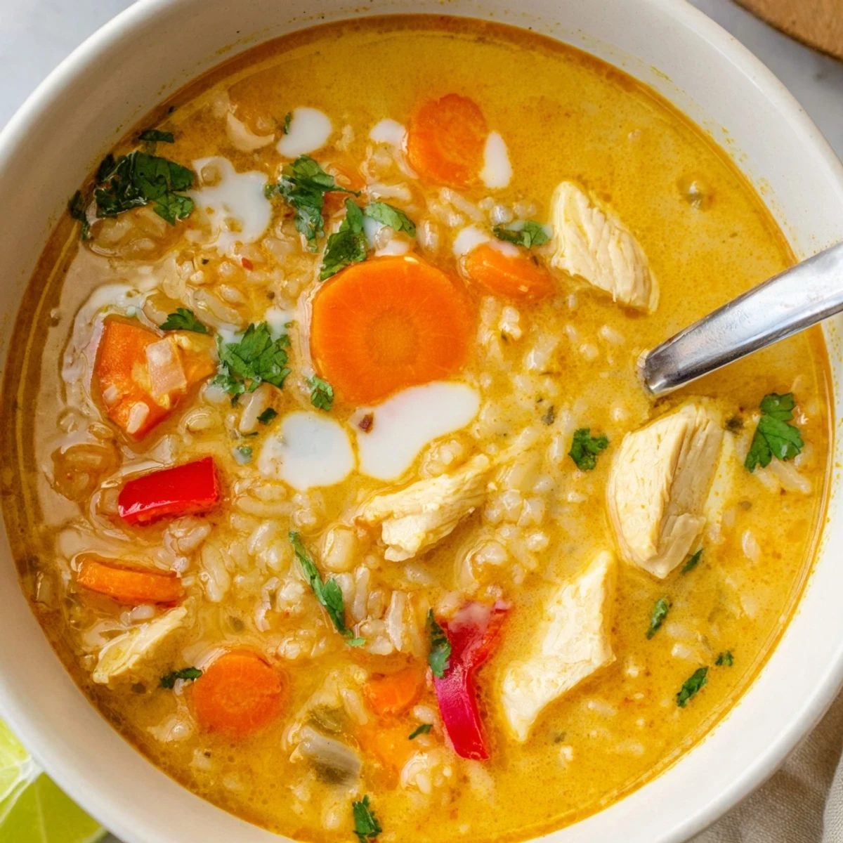 Garnished Golden Coconut Chicken Rice Soup with cilantro, lime wedge, bright color  