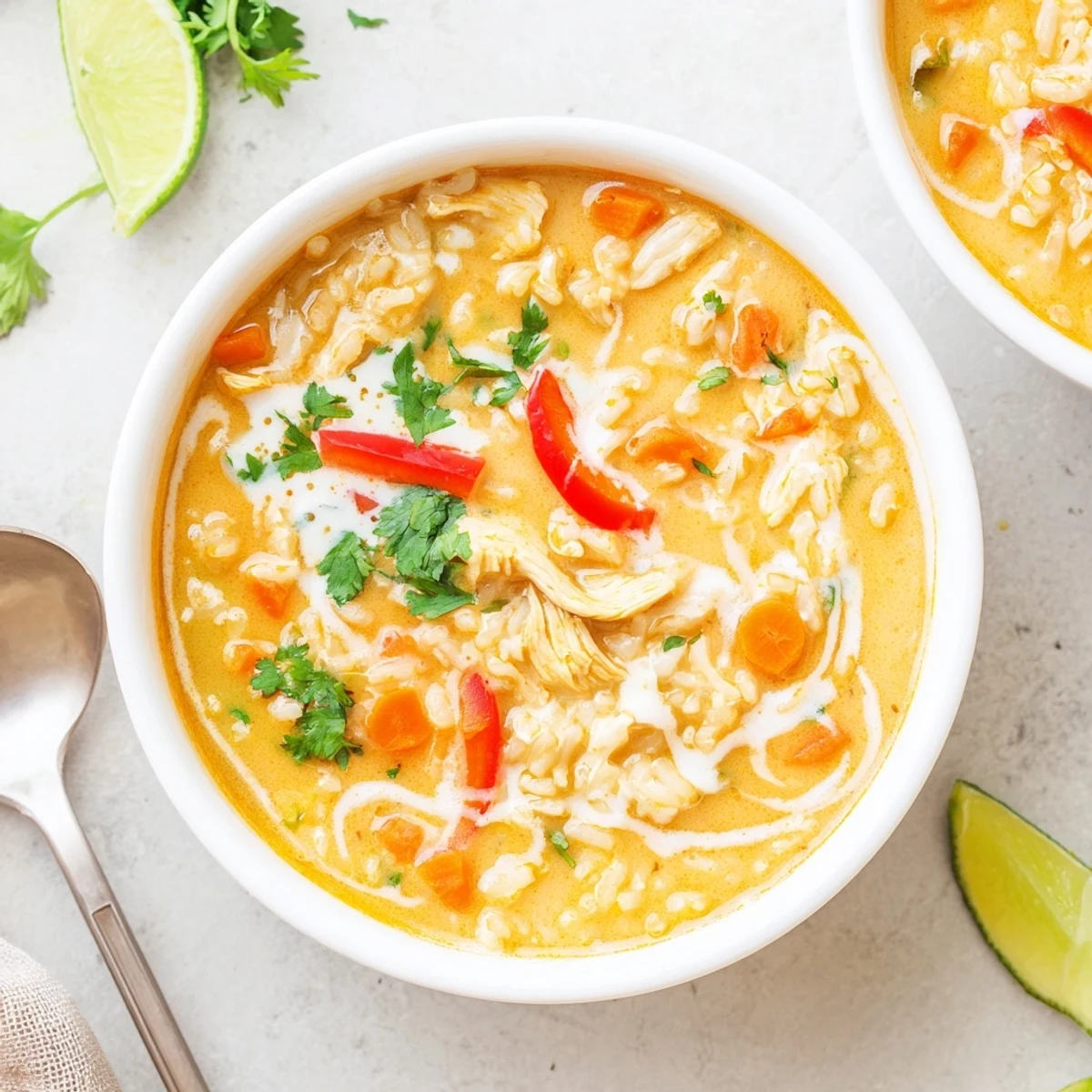 Golden Coconut Chicken Rice Soup steaming in a bowl, fragrant turmeric aroma  