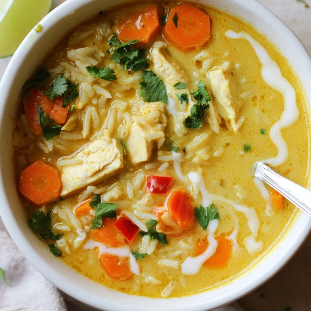 Creamy Golden Coconut Chicken Rice Soup ladled with wooden spoon, tender chicken visible