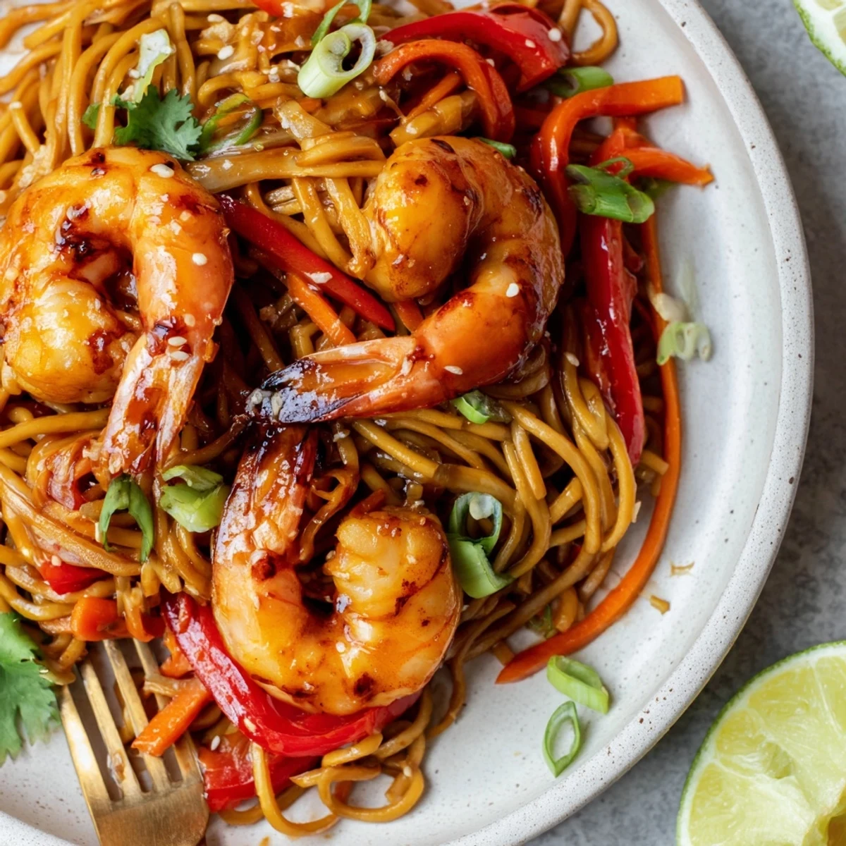 Spicy Garlic Shrimp Noodles piled on a plate, glistening sauce and lime