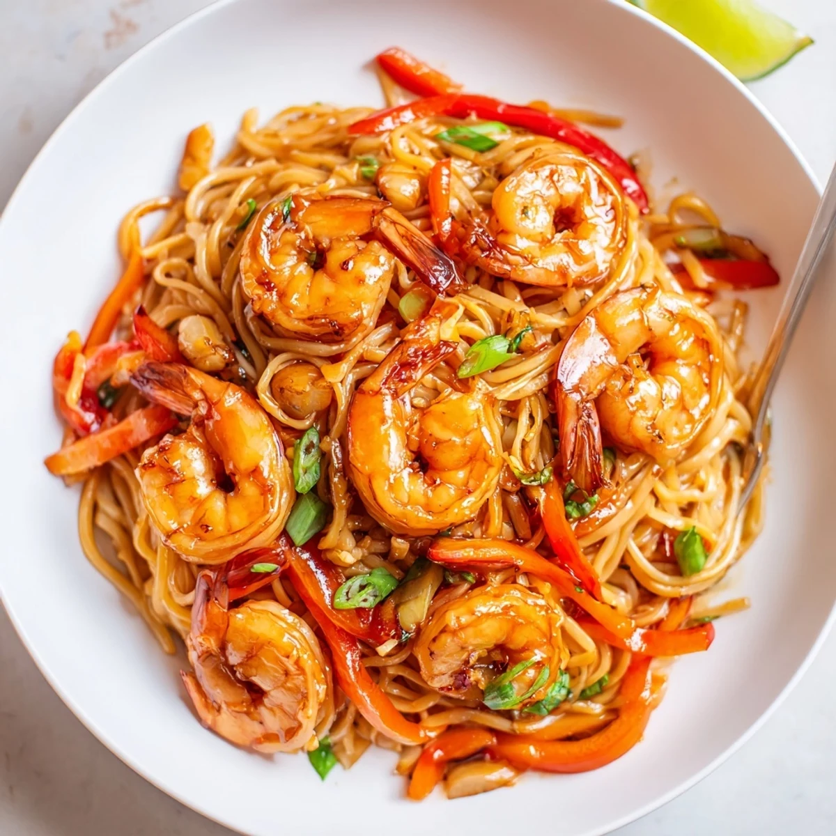 Bowl of Spicy Garlic Shrimp Noodles with bright cilantro and crunchy carrots