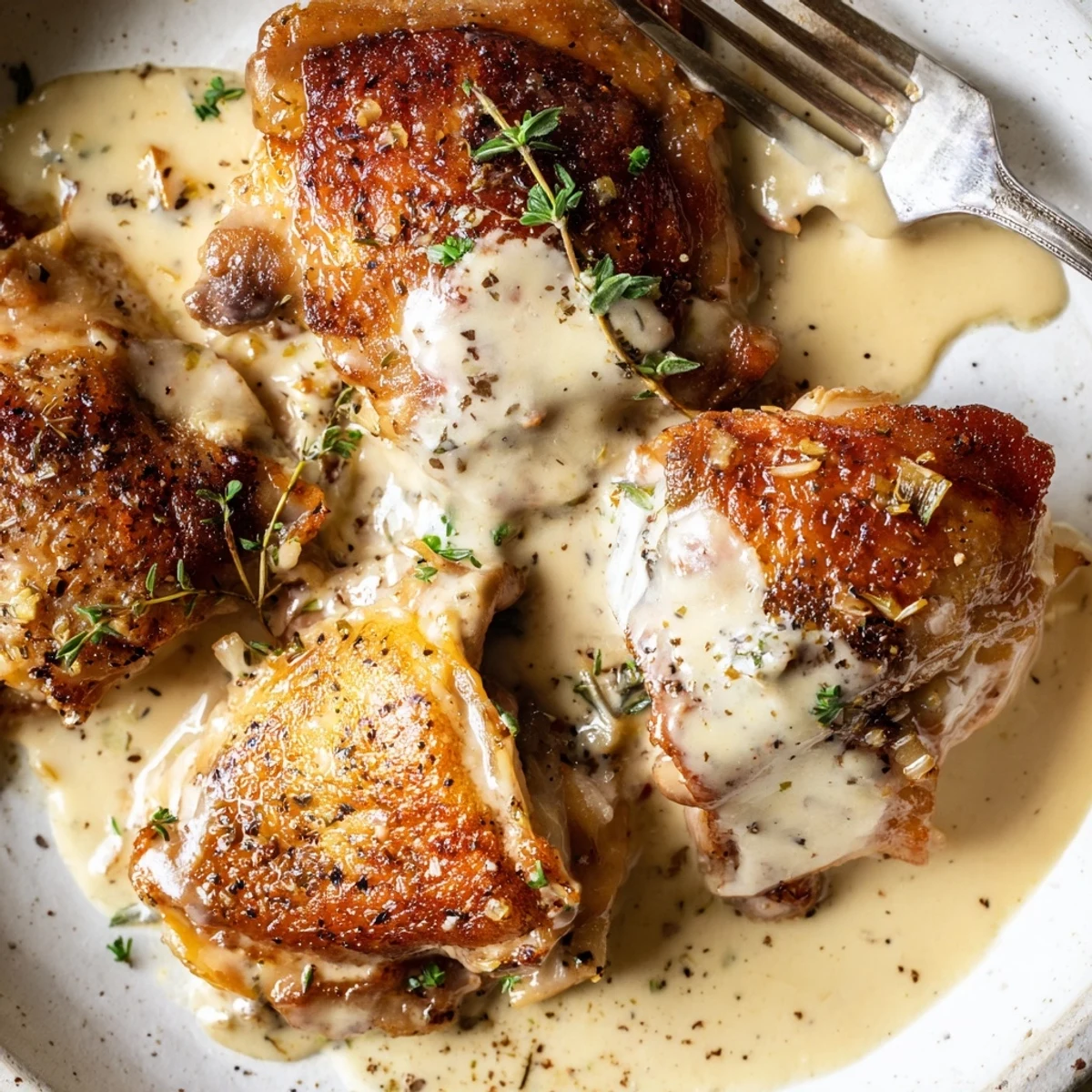 Pan-seared Creamy Garlic Chicken Thighs With Herbs, golden skin and silky sauce