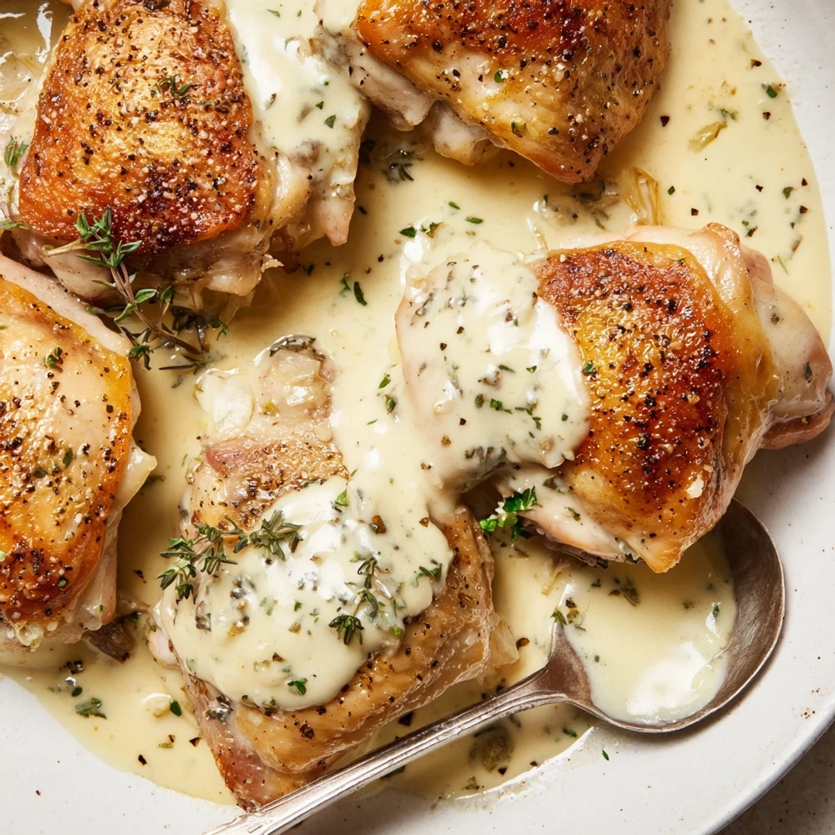 Creamy Garlic Chicken Thighs With Herbs served over mashed potatoes, steaming and aromatic