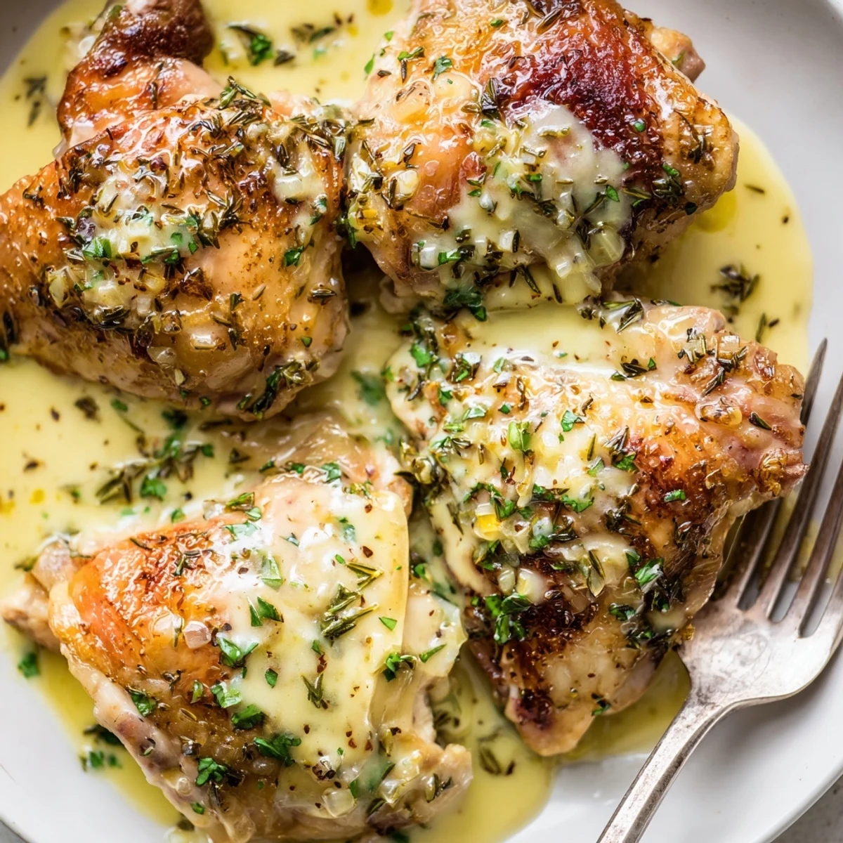 Skillet of Creamy Garlic Chicken Thighs With Herbs, herb-scented cream and parsley