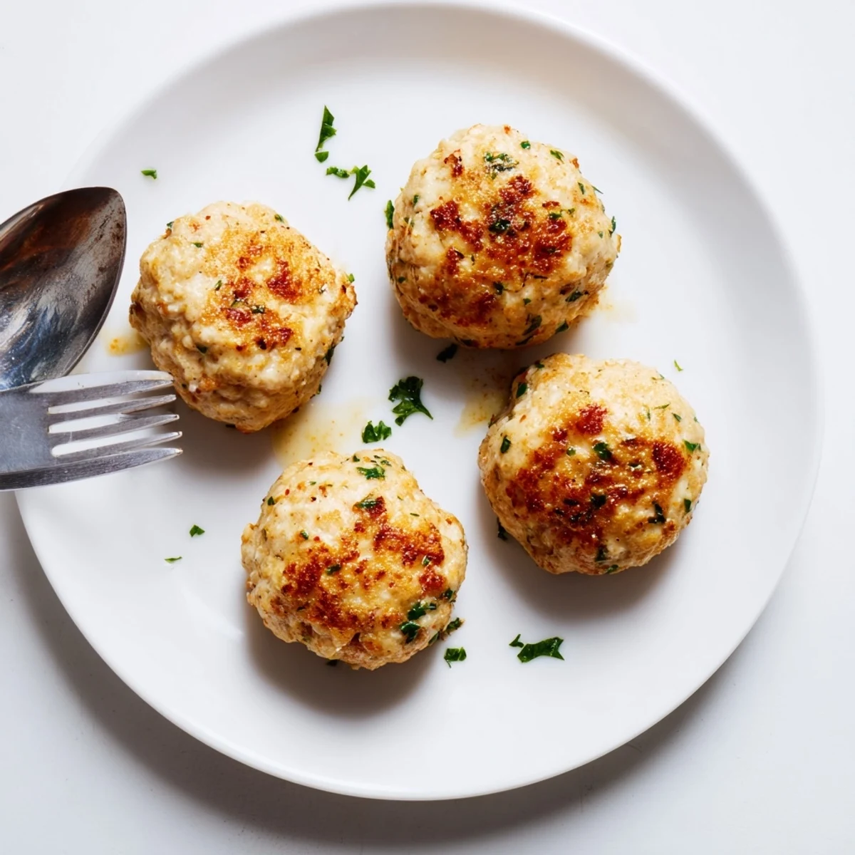 Juicy Chicken Meatballs sizzling in a skillet, golden brown and herb speckled.