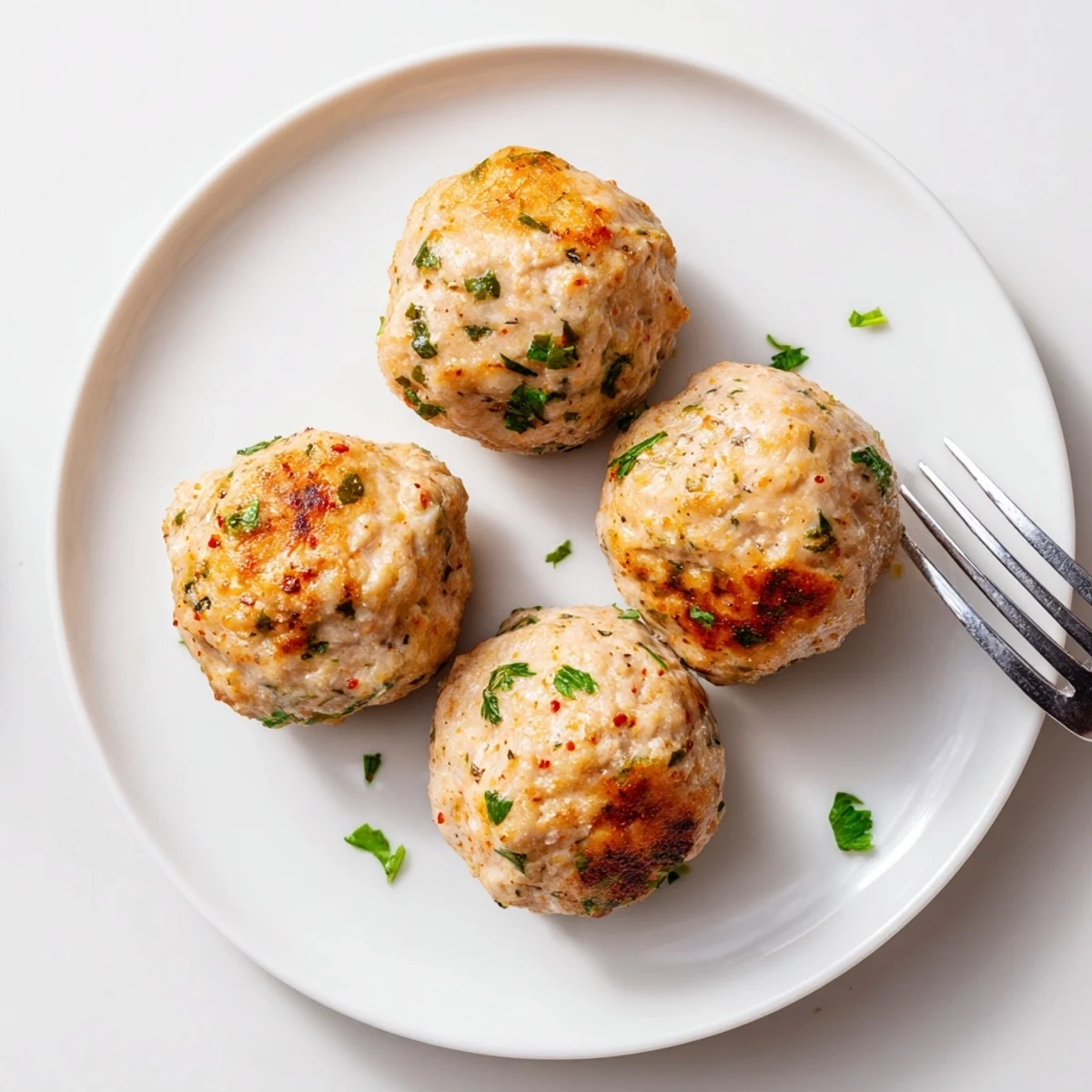 Pan seared Juicy Chicken Meatballs, tender and juicy inside, served over pasta.