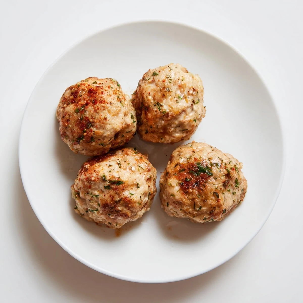 Oven finished Juicy Chicken Meatballs resting on a plate with bright tomato sauce.
