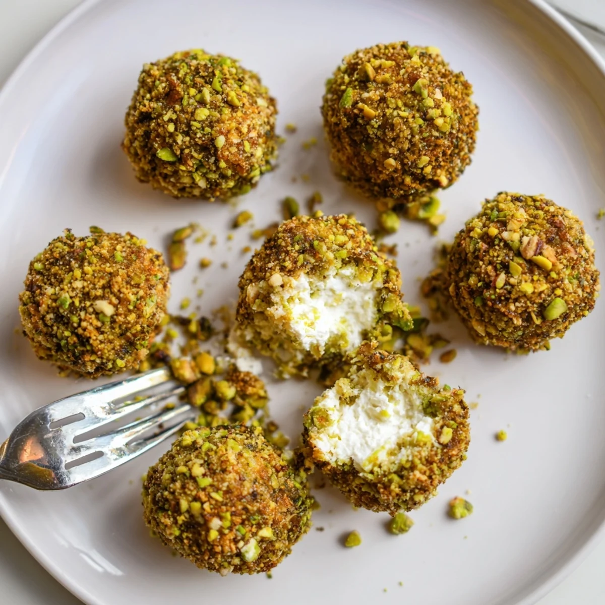 Savory Pistachio Crusted Cheese Bites arranged on platter with fresh herbs  