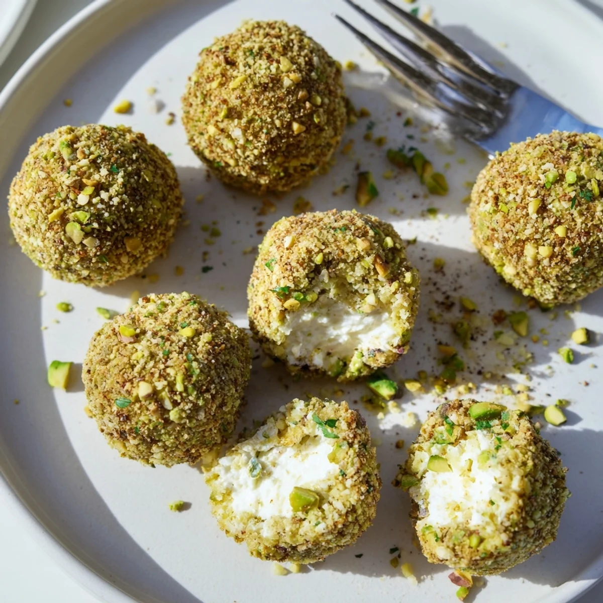 Close-up showing Savory Pistachio Crusted Cheese Bites with crunchy pistachio coating and creamy centers  