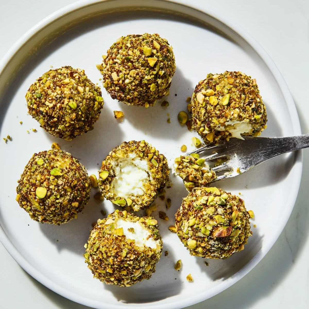 Party-ready Savory Pistachio Crusted Cheese Bites served with crostini and crisp white wine