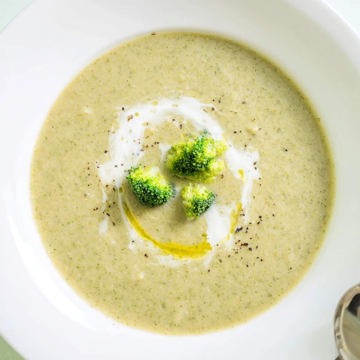 Velvety Broccoli Soup with tender florets and crusty bread for dipping